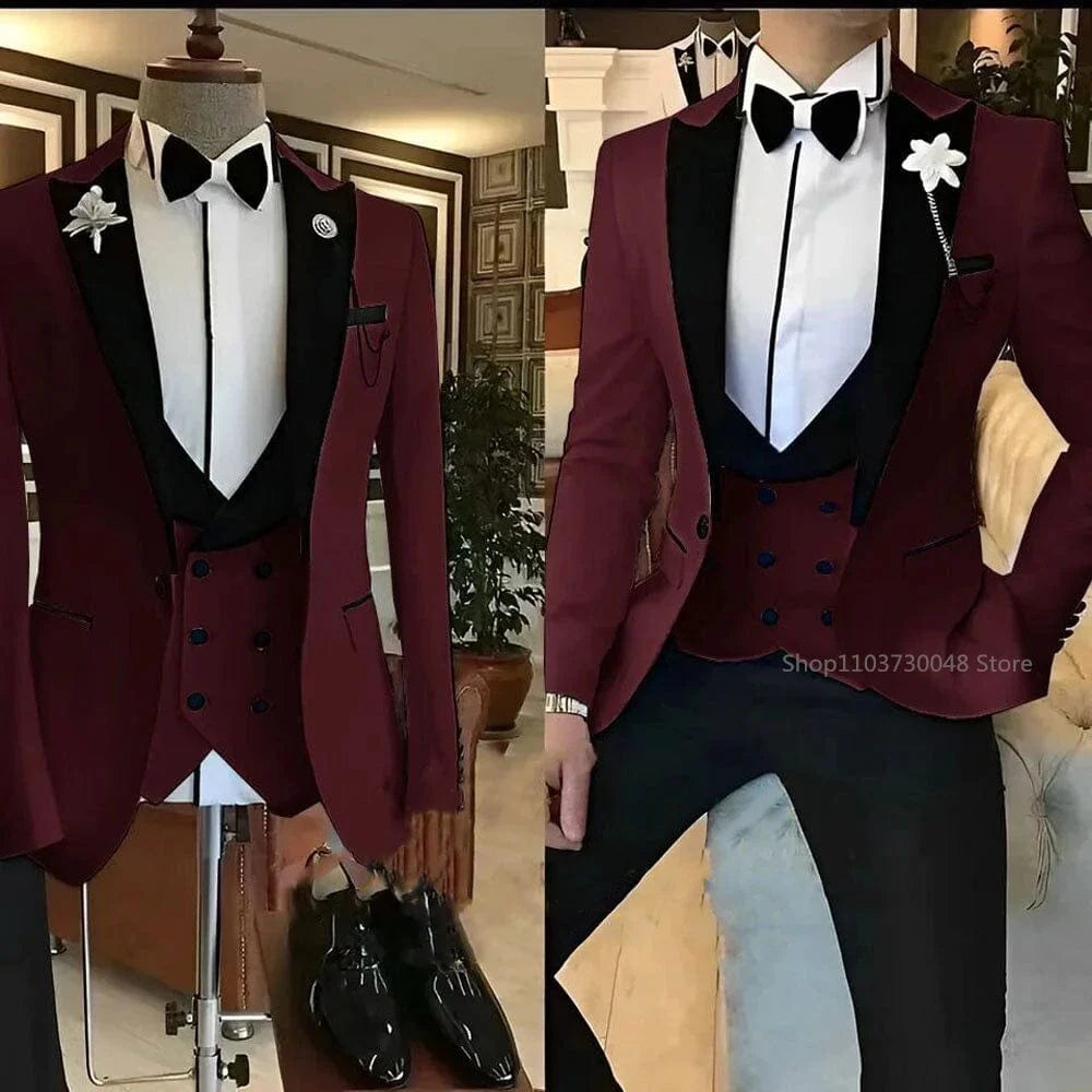 Kromoc Men's 3-Piece Slim Fit Wool Blend Suit with peak lapel tuxedo jacket, vest, and trousers for formal or wedding occasions