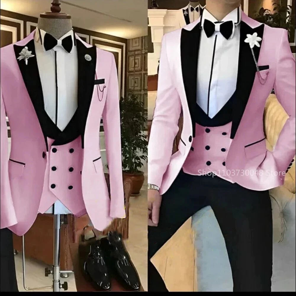 Kromoc Men's 3-Piece Slim Fit Wool Blend Tuxedo with peak lapel, jacket, vest, and trousers, ideal for formal events and weddings.