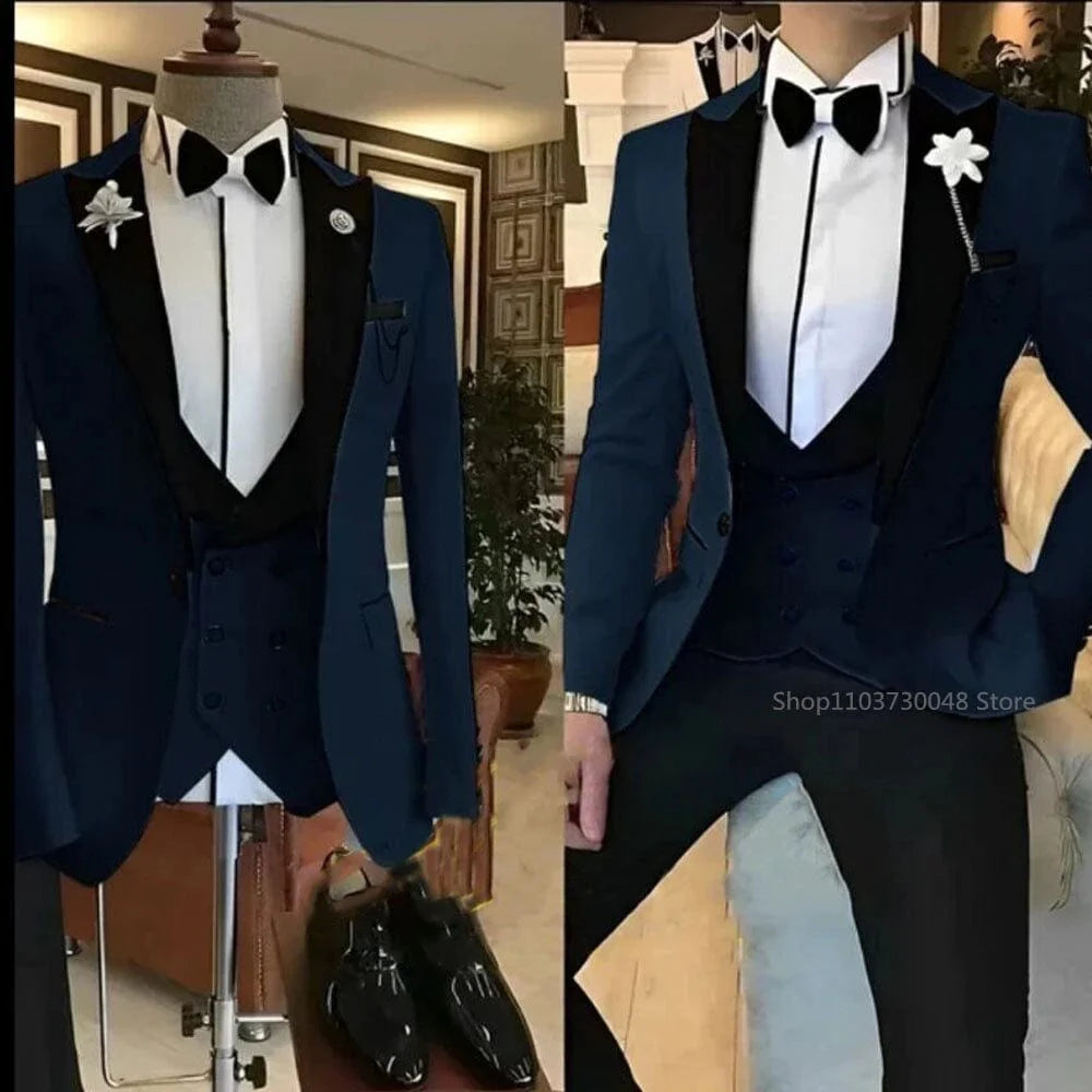Kromoc Men's 3-Piece Slim Fit Wool Blend Tuxedo with Peak Lapel, jacket, vest, and trousers, ideal for formal weddings and events