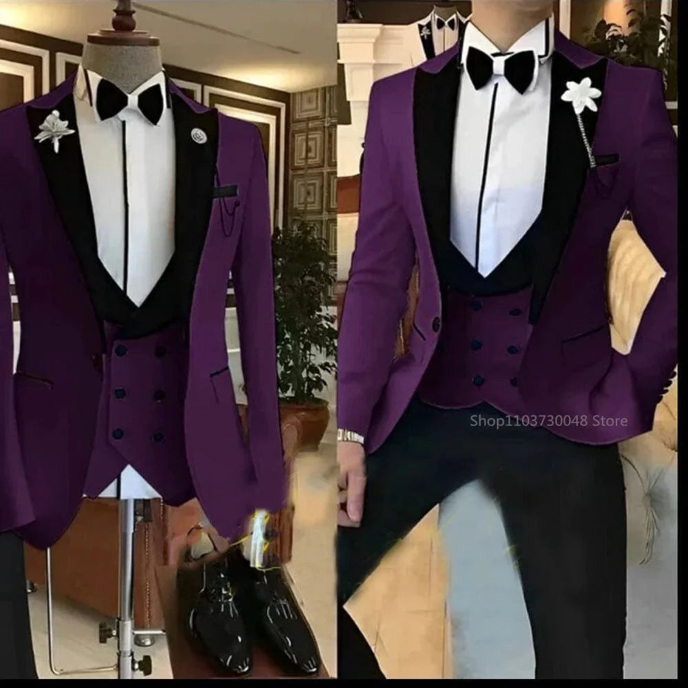 Kromoc men's 3-piece slim fit suit by SHOWLU FASHION STORE featuring a wool blend tuxedo with peak lapel, vest, and trousers.