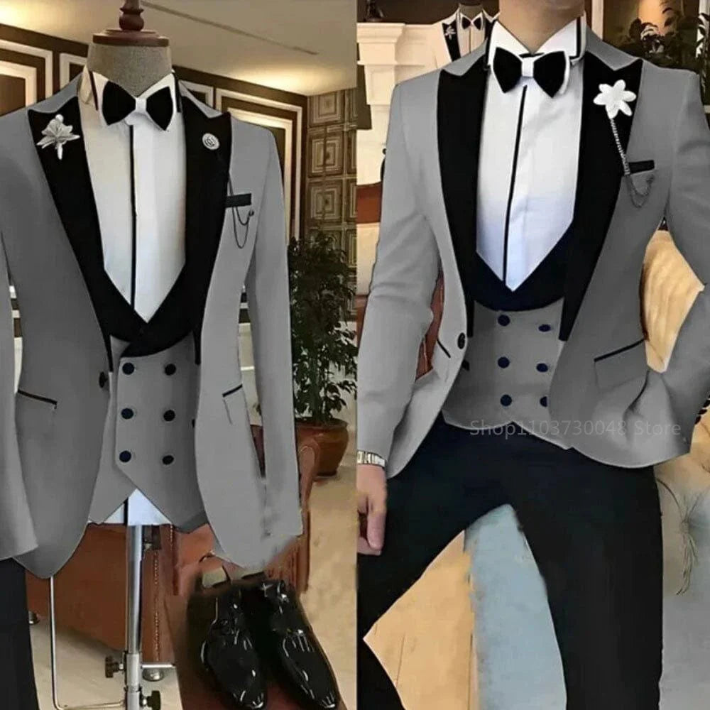 Kromoc Men's 3-Piece Slim Fit Wool Blend Tuxedo with peak lapel, jacket, vest, and trousers for formal and wedding occasions.