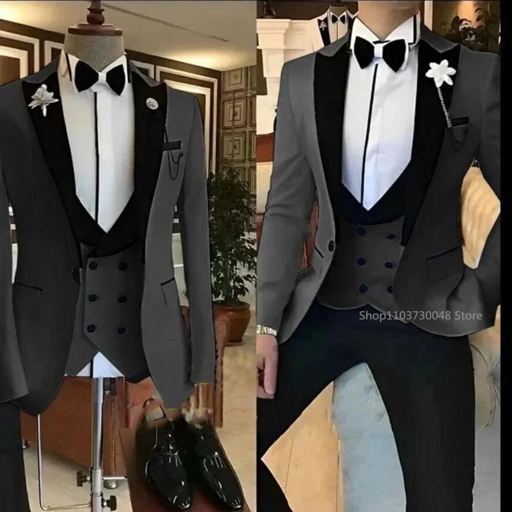 Kromoc Men's 3-Piece Slim Fit Suit by SHOWLU FASHION STORE, wool blend tuxedo with peak lapel, vest, trousers, formal and wedding wear