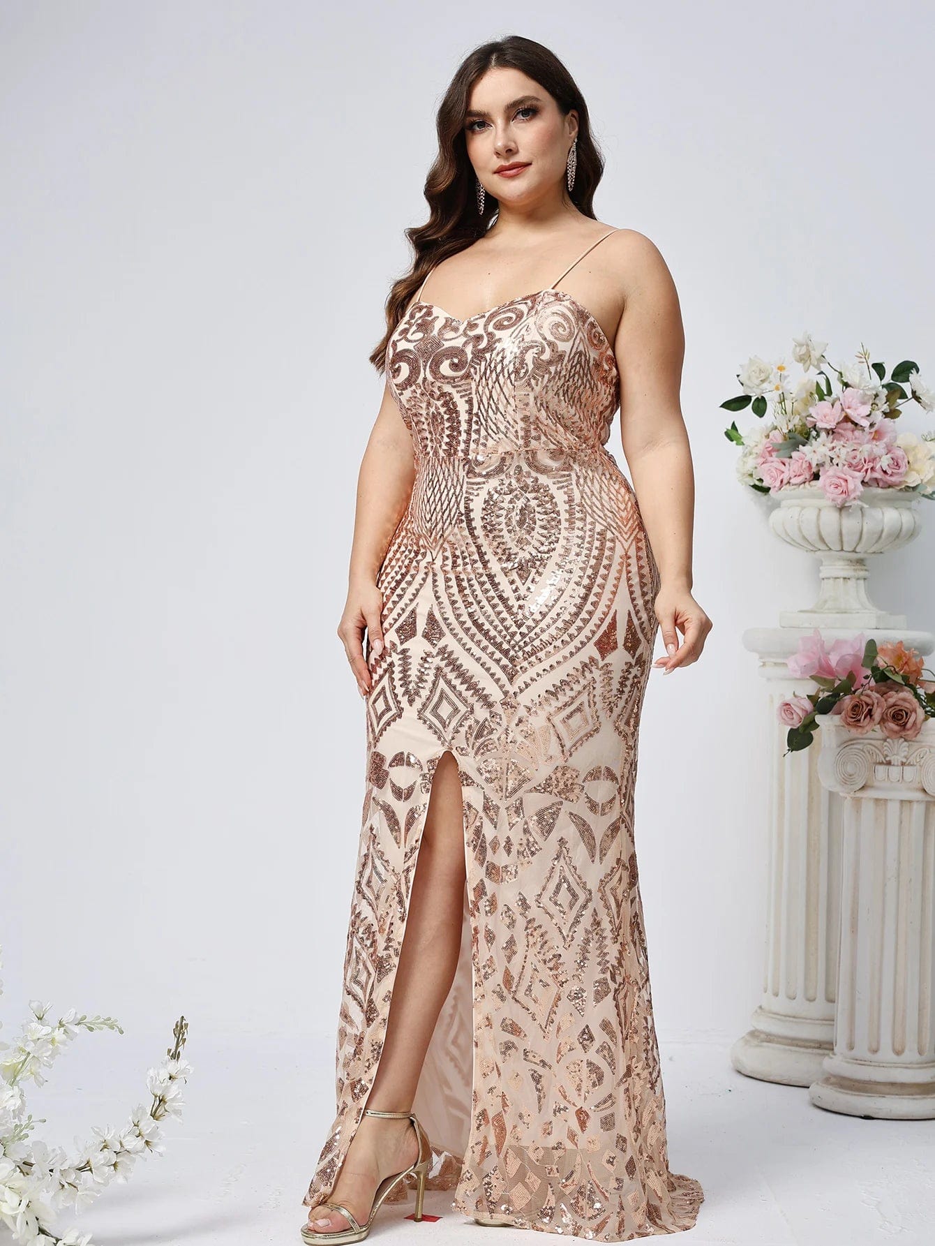 SHOWLU FASHION STORE Spaghetti sStrap V-neck Cocktail pParty Dress Sequins Plus Size Mermaid Backless Slim Fit Evening Dress Sexy Ball Dress