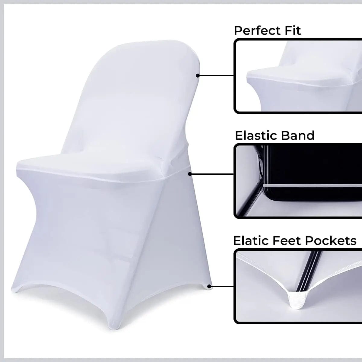  Showlu Fashion Store Spandex Folding Chair Covers, 50PCS Upgraded Universal Stretch Washable Fitted Chair Slipcovers Protector Wedding (White/Black)