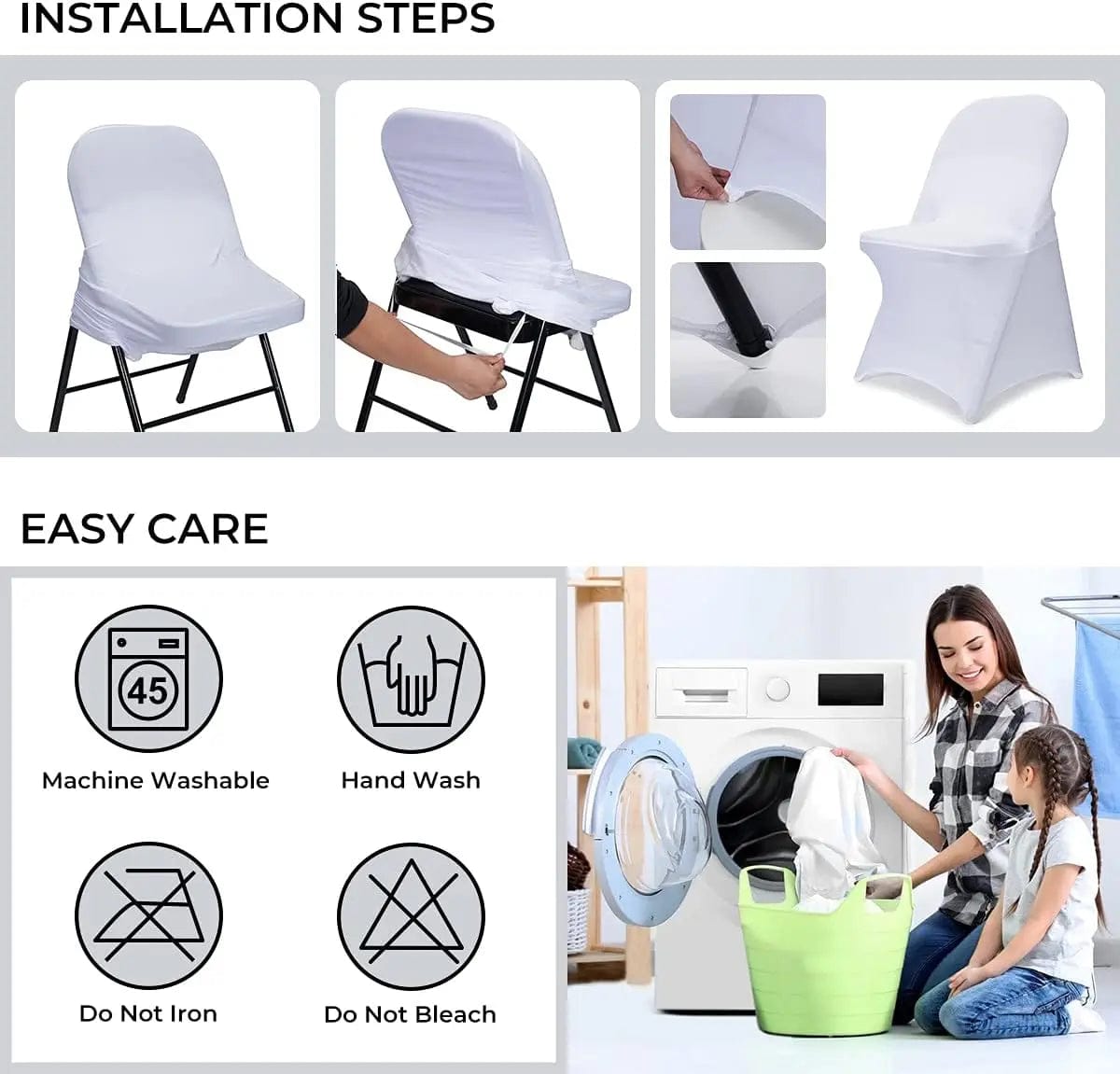  Showlu Fashion Store Spandex Folding Chair Covers, 50PCS Upgraded Universal Stretch Washable Fitted Chair Slipcovers Protector Wedding (White/Black)