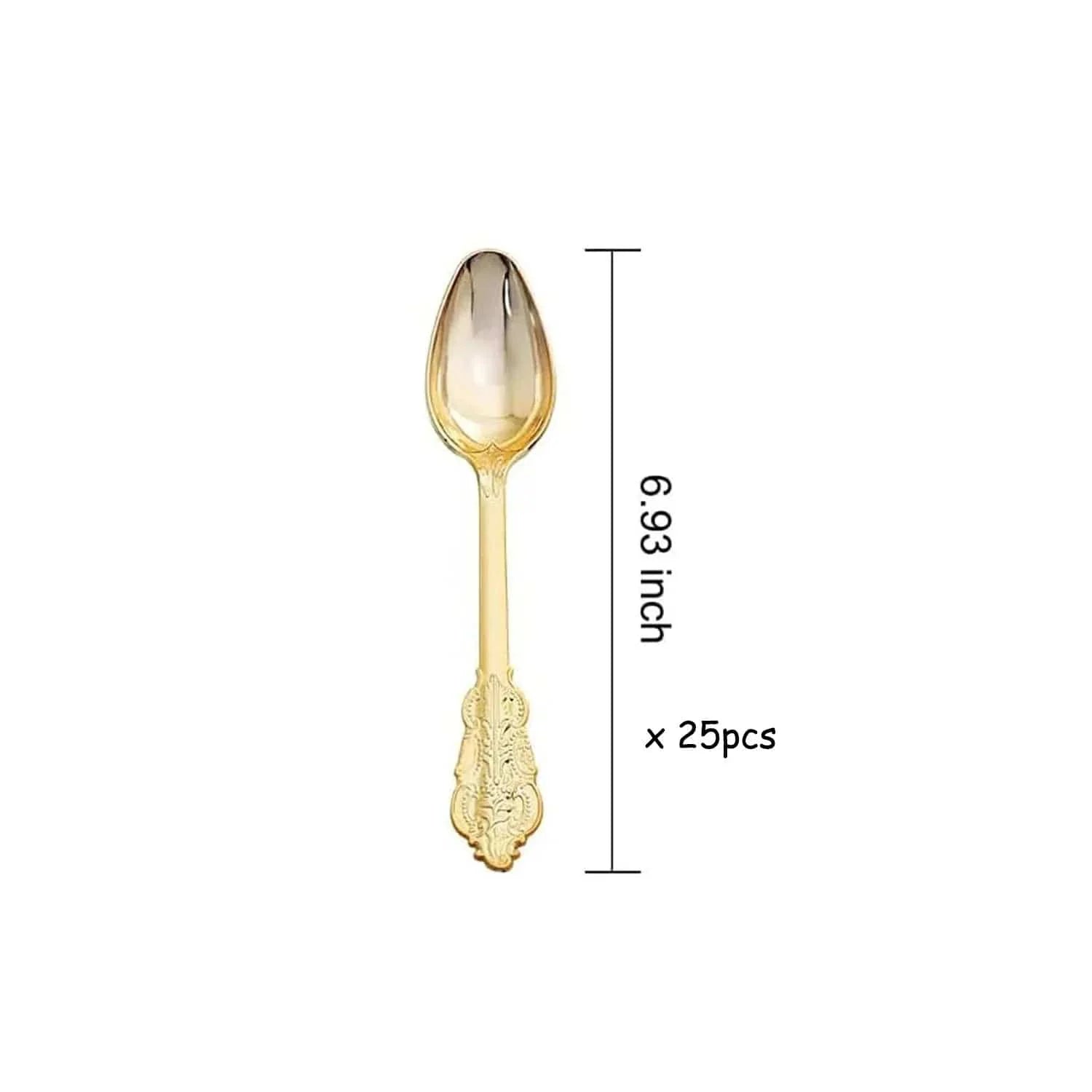 Gold-plated embossed PS plastic tableware set with spoons, knives, and forks for parties, includes 25 pieces in the Showlu fashion brand.
