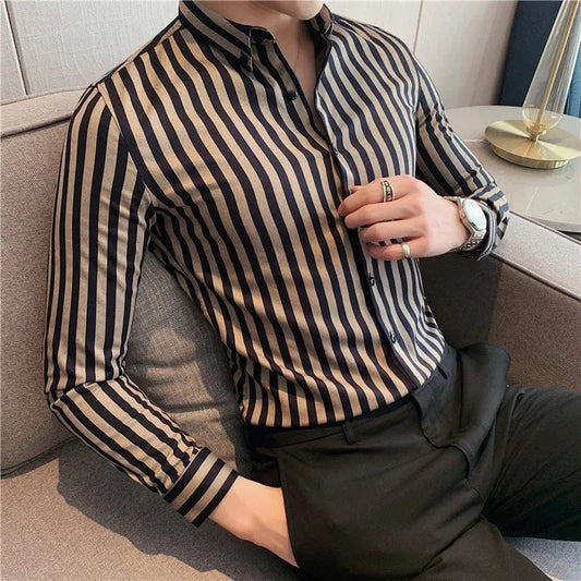 SHOWLU FASHION STORE Spring Autumn Men's Long Sleeve Striped Shirt Casual Slim Fit Business Button-Down Shirts Classic Formal Dress Shirt