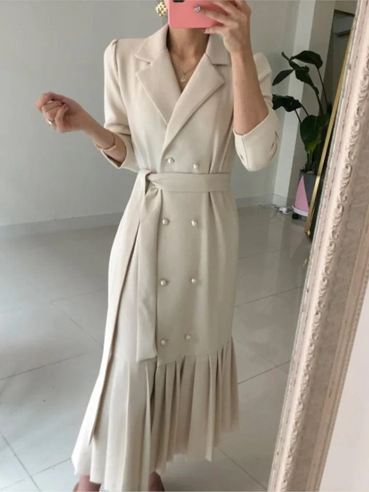  Showlu Fashion Store Spring Autumn Women Korean Fashion Solid Suits Dress Double Breasted Long Sleeve Vestdios Elegant Office Lady Blazer Robe