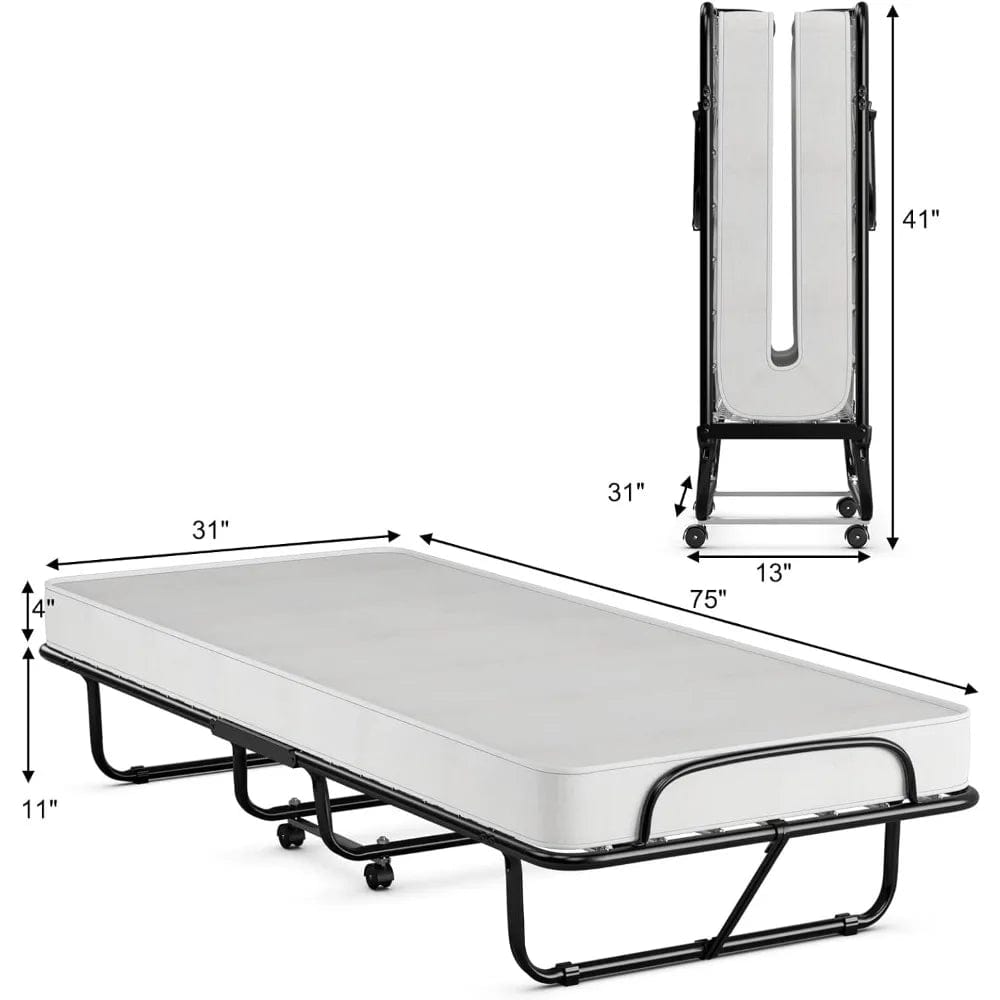  Showlu Fashion Store Springs / United States Folding Bed with Mattress for Adults, Fold up Bed with Memory Foam Mattress & Metal Frame on Wheels,Cot Size Roll Away Adult Bed