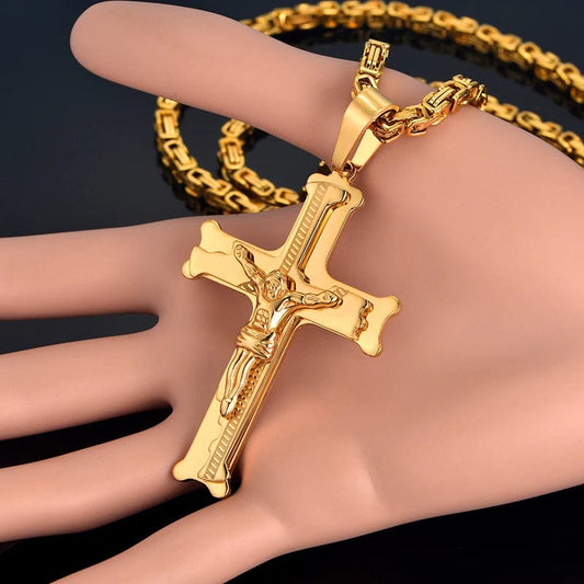  Showlu Fashion Store Stainless Steel Big Jesus Cross Pendant With Long Chain Men's Gold Color Crucifix Necklaces Male Religious Jewelry Dropshipping