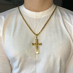  Showlu Fashion Store Stainless Steel Big Jesus Cross Pendant With Long Chain Men's Gold Color Crucifix Necklaces Male Religious Jewelry Dropshipping