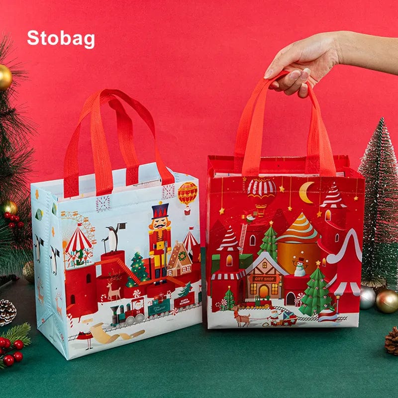  Showlu Fashion Store StoBag 12pcs Marry Christmas Tote Bags Gift Package Fabric Hnadle Santa Claus Home Handmade Kids Party Favors New Year Supplies