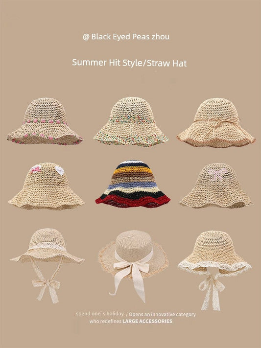  Showlu Fashion Store Straw Hat Japanese Style Women's Hand-Woven Summer Outing Lace