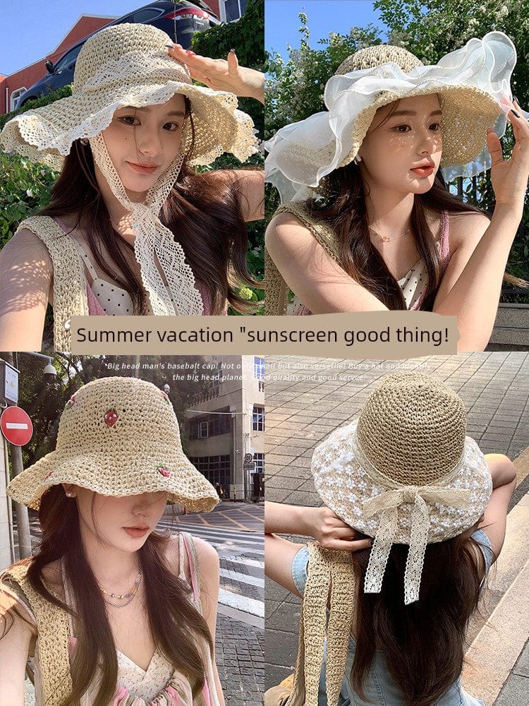  Showlu Fashion Store Straw Hat Japanese Style Women's Hand-Woven Summer Outing Lace