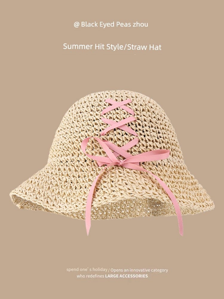  Showlu Fashion Store Straw Hat Japanese Style Women's Hand-Woven Summer Outing Lace