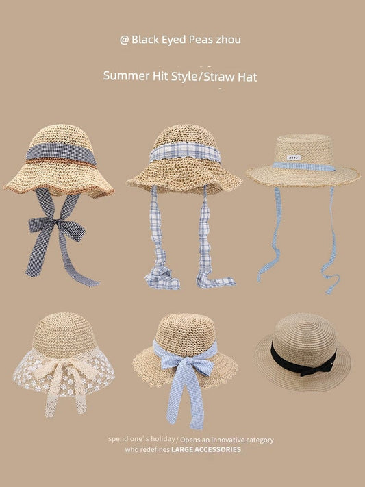  Showlu Fashion Store Straw Hat Japanese Style Women's Hand-Woven Summer Outing Lace