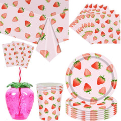  Showlu Fashion Store Strawberry Party Decoration Girls Birthday Party Disposable Tableware Pink Paper Plate Cup Tablecloth Outdoor Picnic Party Decor