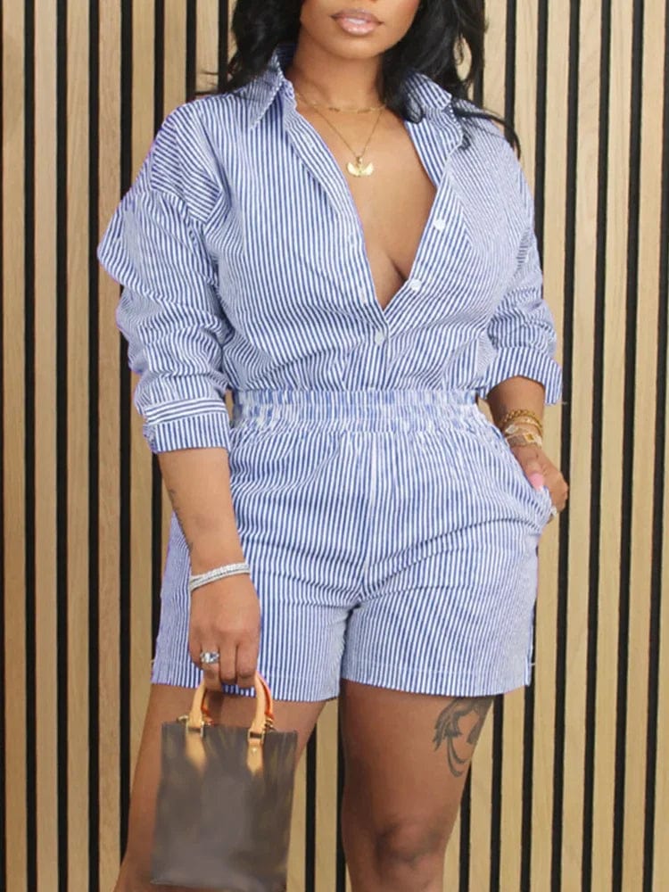 SHOWLU FASHION STORE Stripes Print Buttoned Shirt Tops & Pocket Shorts Set Summer Casual Women Two Piece Set Outfits