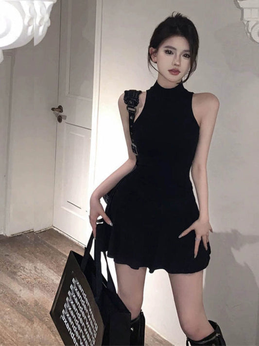  Showlu Fashion Store Stylish Ruffles Sleeveless Slim Fit Summer Black Dress