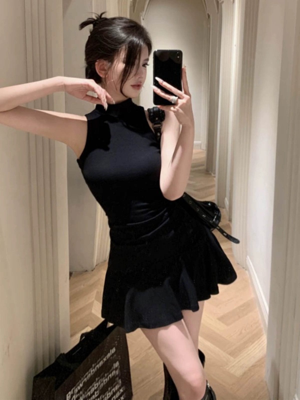  Showlu Fashion Store Stylish Ruffles Sleeveless Slim Fit Summer Black Dress