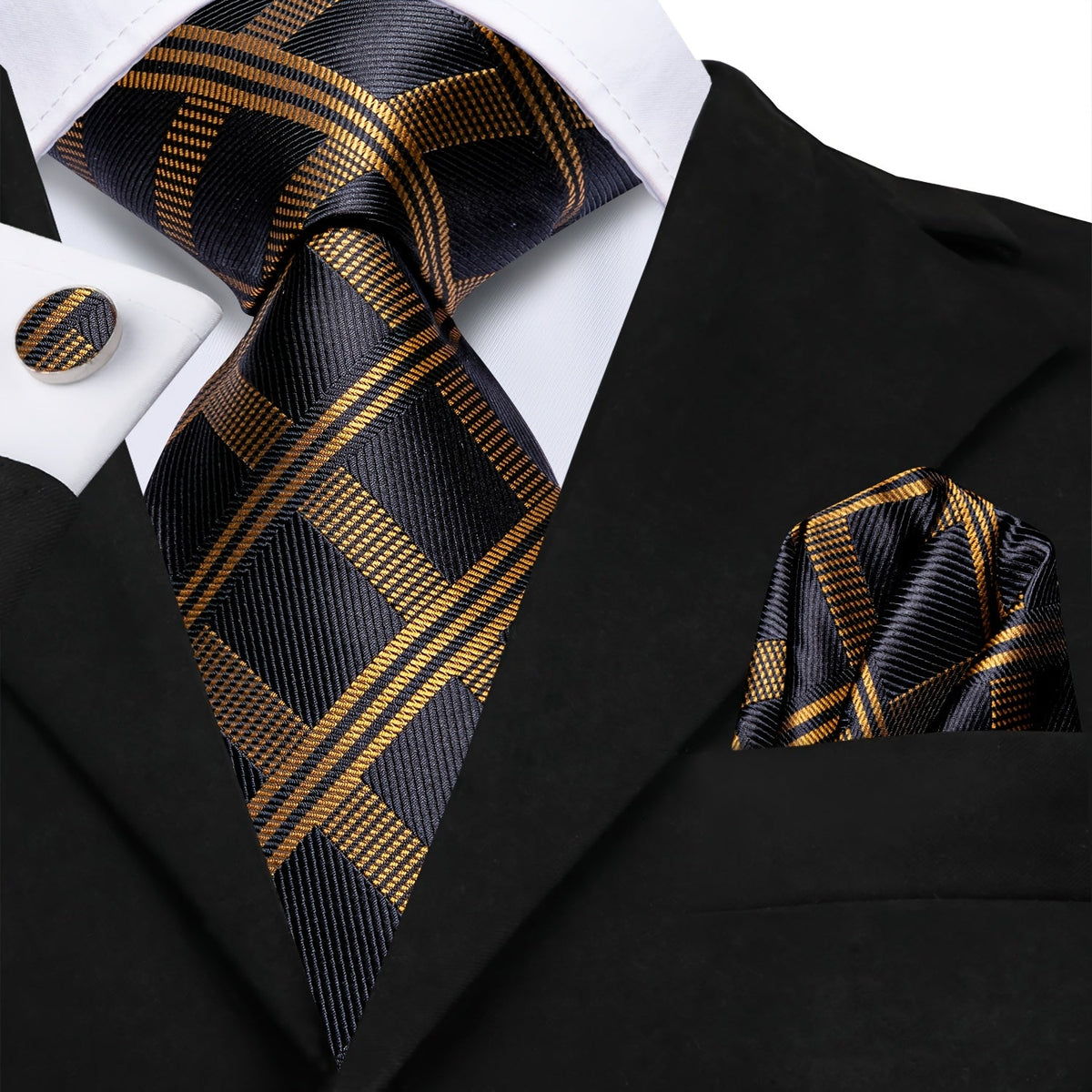 SHOWLU FASHION men's striped tie set with pocket square and cufflinks, paired with a suit blazer, on a neutral background.