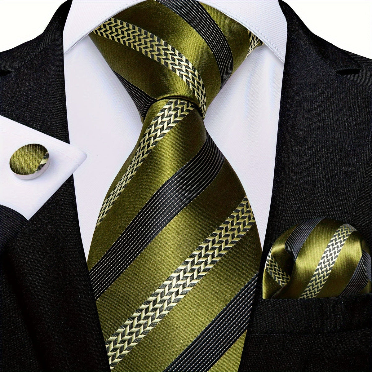 Men's green striped silk tie set with cufflinks and handkerchief, featuring a stylish design for suits and blazers by SHOWLU FASHION STORE