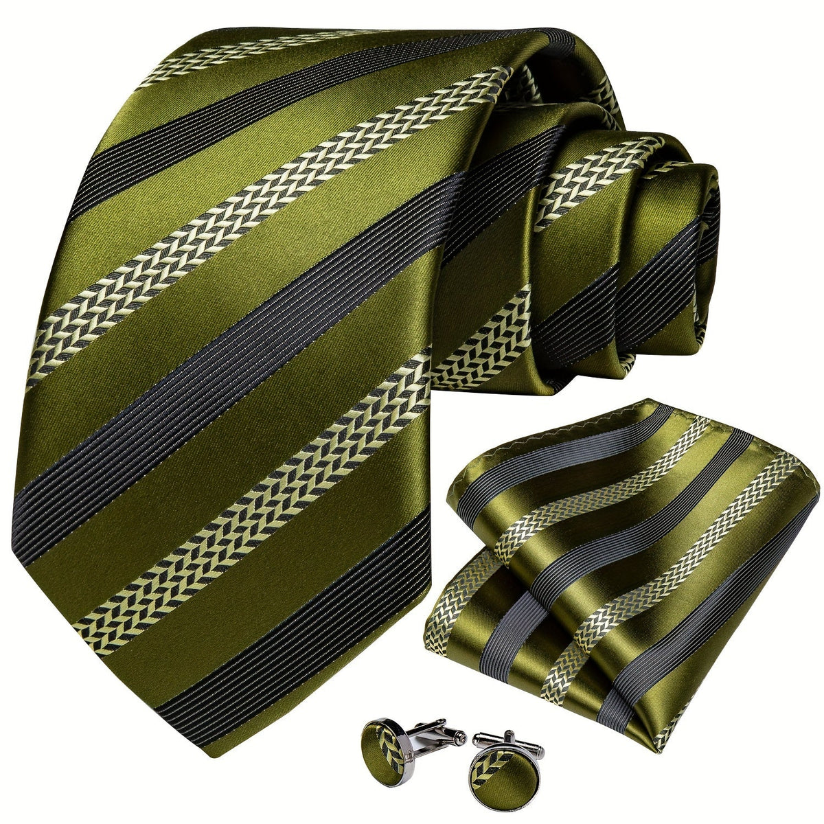 Men's green striped silk tie set with cufflinks and matching handkerchief, stylish accessories for formal suits from SHOWLU FASHION STORE