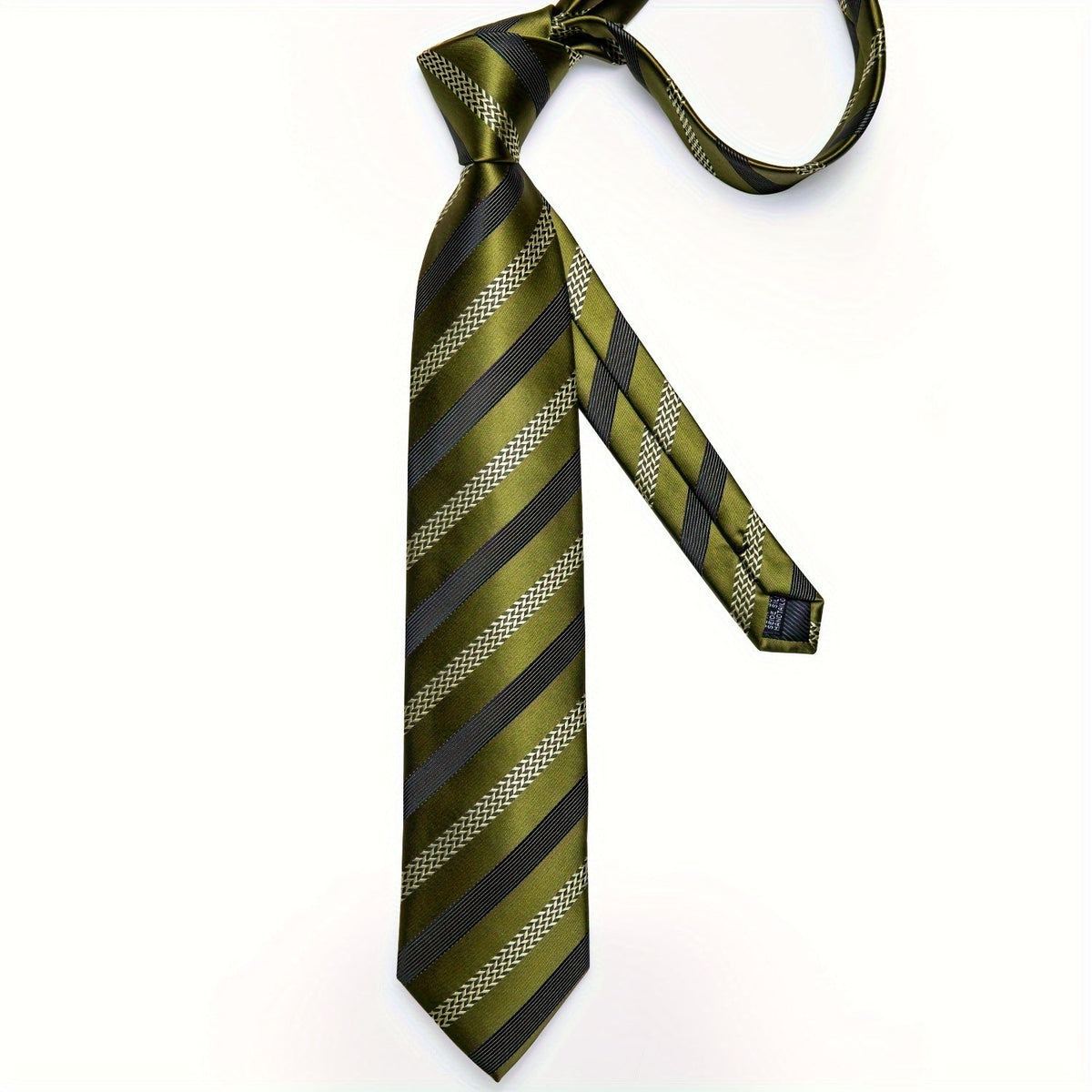 Men's green striped silk tie set with cufflinks and matching handkerchief, stylish accessories for formal suits.