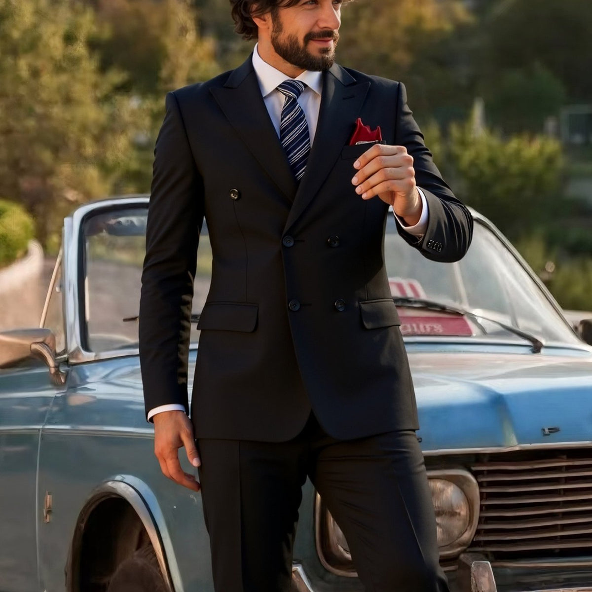 SHOWLU Men's double-breasted slim fit tuxedo suit with peak lapel, formal suit jacket and matching trousers, elegant men's fashion ensemble.