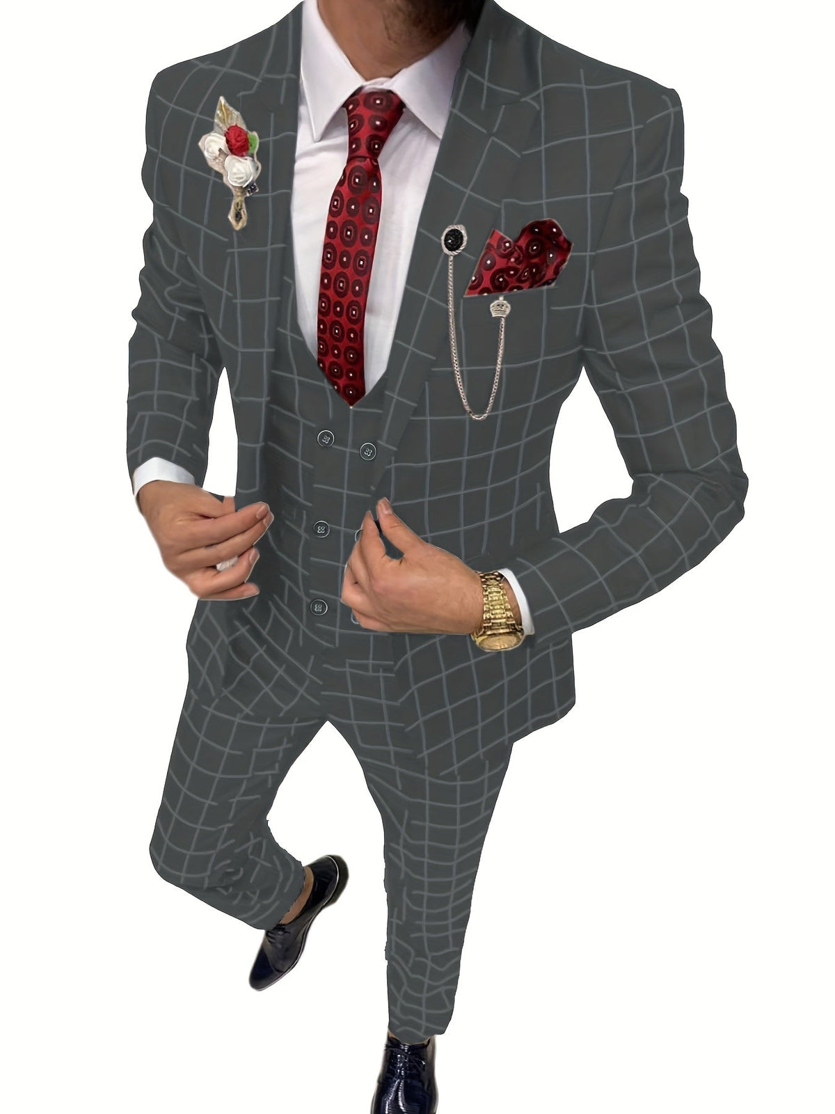 SHOWLU FASHION Men's 3-piece slim fit plaid suit with peak lapel tuxedo, displayed on a mannequin.
