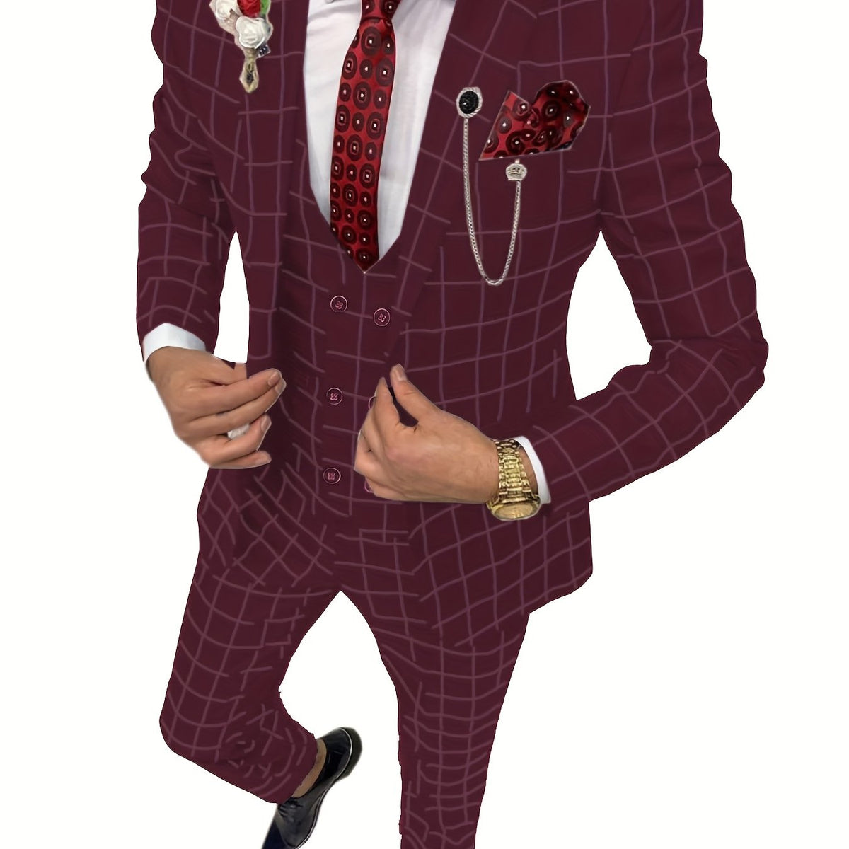 SHOWLU FASHION men's 3-piece slim fit plaid suit with peak lapel tuxedo, tailored blazer, vest, and matching trousers.