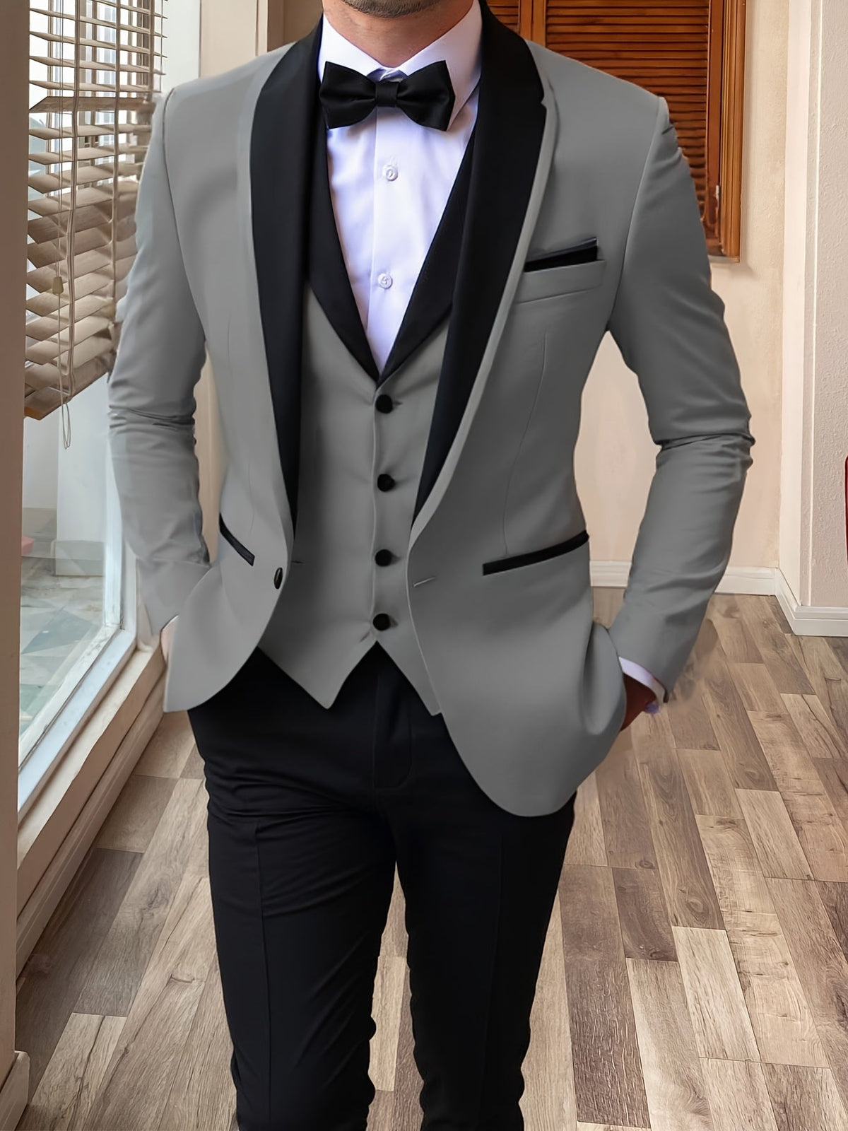 SHOWLU FASHION men's 3-piece slim fit suit with shawl lapel, formal wedding set, includes blazer, vest, and trousers, in classic black.