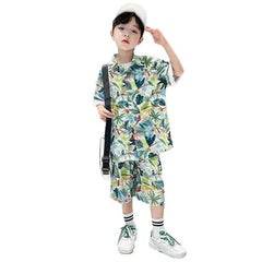  Showlu Fashion Store Summer Baby Boy Clothes Kid Floral Print Lapel Shirt Shorts Suit Short Sleeve Top and Bottom 2pc Set Children Fashion Beach Wear