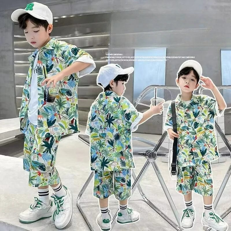  Showlu Fashion Store Summer Baby Boy Clothes Kid Floral Print Lapel Shirt Shorts Suit Short Sleeve Top and Bottom 2pc Set Children Fashion Beach Wear