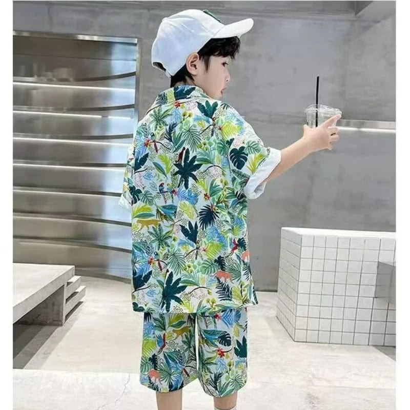  Showlu Fashion Store Summer Baby Boy Clothes Kid Floral Print Lapel Shirt Shorts Suit Short Sleeve Top and Bottom 2pc Set Children Fashion Beach Wear