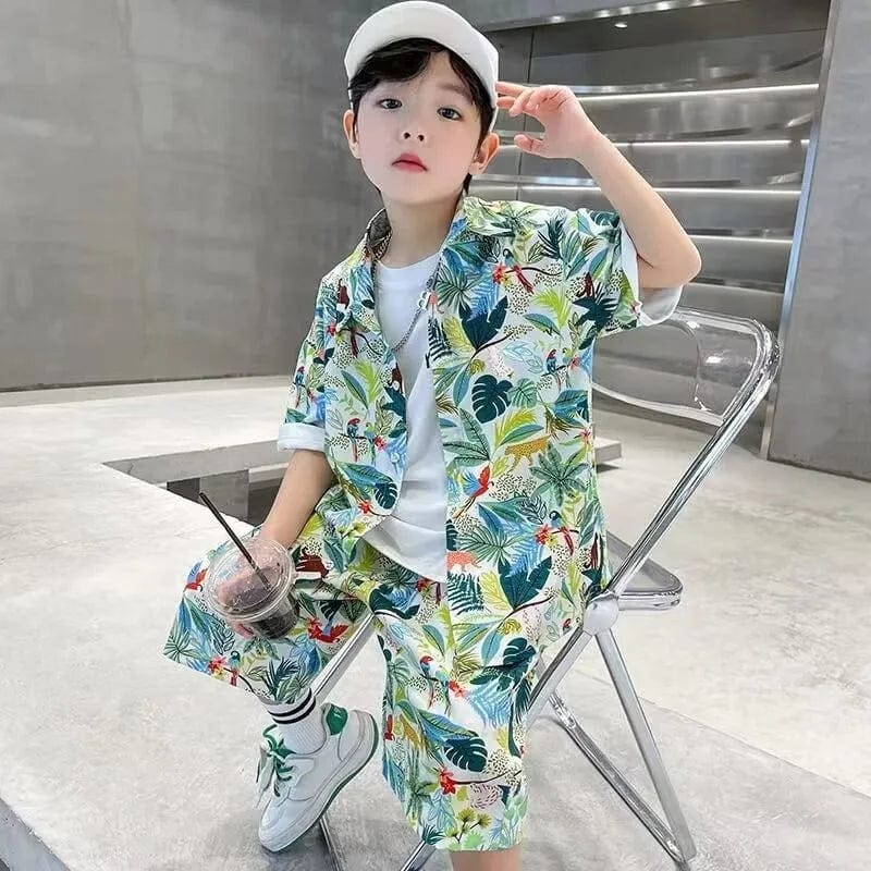  Showlu Fashion Store Summer Baby Boy Clothes Kid Floral Print Lapel Shirt Shorts Suit Short Sleeve Top and Bottom 2pc Set Children Fashion Beach Wear