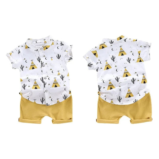  Showlu Fashion Store Summer Baby Boys Clothes Kids Casual Short Sleeve Floral Pyramid Print T-shirt Tops+Shorts Children Costume Set