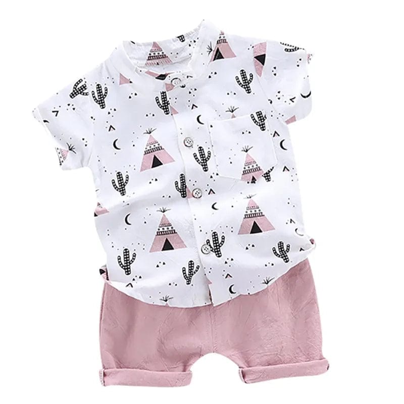  Showlu Fashion Store Summer Baby Boys Clothes Kids Casual Short Sleeve Floral Pyramid Print T-shirt Tops+Shorts Children Costume Set