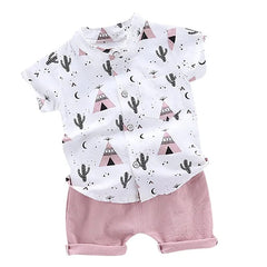  Showlu Fashion Store Summer Baby Boys Clothes Kids Casual Short Sleeve Floral Pyramid Print T-shirt Tops+Shorts Children Costume Set