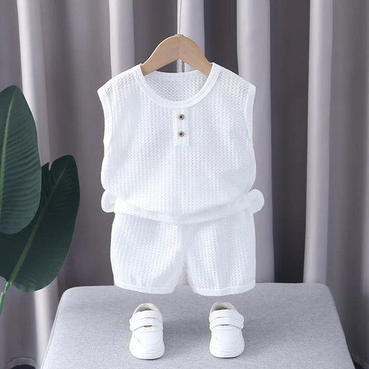  Showlu Fashion Store Summer Boys Clothes Round Neck Sleeveless Vest T-Shirt Suit Baby Boy Clothing Shorts 2 Piece Set