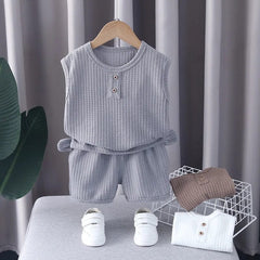  Showlu Fashion Store Summer Boys Clothes Round Neck Sleeveless Vest T-Shirt Suit Baby Boy Clothing Shorts 2 Piece Set