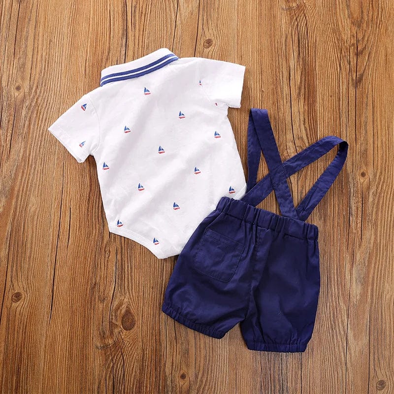  Showlu Fashion Store Summer fashion short sleeved baby clothing short sleeved set, pure cotton small sailboat strap pants two-piece set