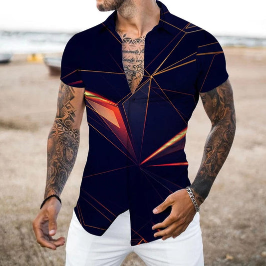 SHOWLU FASHION STORE Summer Geometric 3D Printing Shirts Men Fashion Turn-down Collar Buttoned Shirt Casual Short Sleeve Cardigan Streetwear