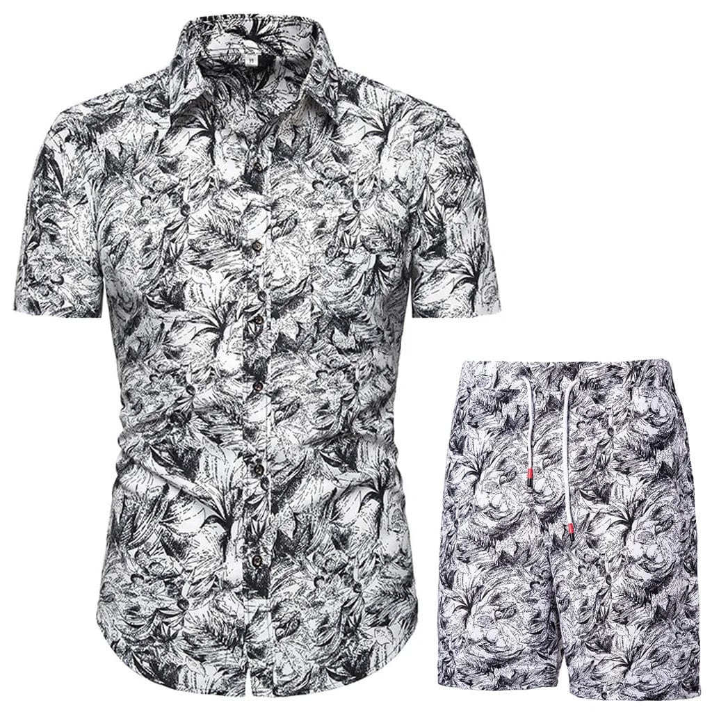  Showlu Fashion Store Summer New Men's Casual Suit Korean Slim Short Sleeve Shirt Shorts Men's Beach Suits 2 Piece Set Hawaii Vacations Clothing