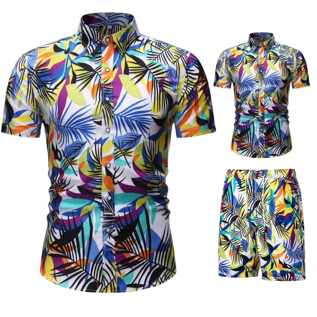  Showlu Fashion Store Summer New Men's Casual Suit Korean Slim Short Sleeve Shirt Shorts Men's Beach Suits 2 Piece Set Hawaii Vacations Clothing