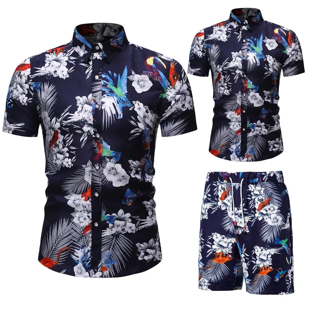  Showlu Fashion Store Summer New Men's Casual Suit Korean Slim Short Sleeve Shirt Shorts Men's Beach Suits 2 Piece Set Hawaii Vacations Clothing