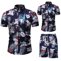  Showlu Fashion Store Summer New Men's Casual Suit Korean Slim Short Sleeve Shirt Shorts Men's Beach Suits 2 Piece Set Hawaii Vacations Clothing