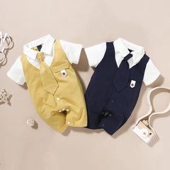  Showlu Fashion Store Summer Newborn Baby Boys Romper Short Sleeve Gentleman Tie Jumpsuit Infant Outfits Formal Child Boy Clothes 3 6 9 12 18 Months