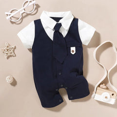  Showlu Fashion Store Summer Newborn Baby Boys Romper Short Sleeve Gentleman Tie Jumpsuit Infant Outfits Formal Child Boy Clothes 3 6 9 12 18 Months