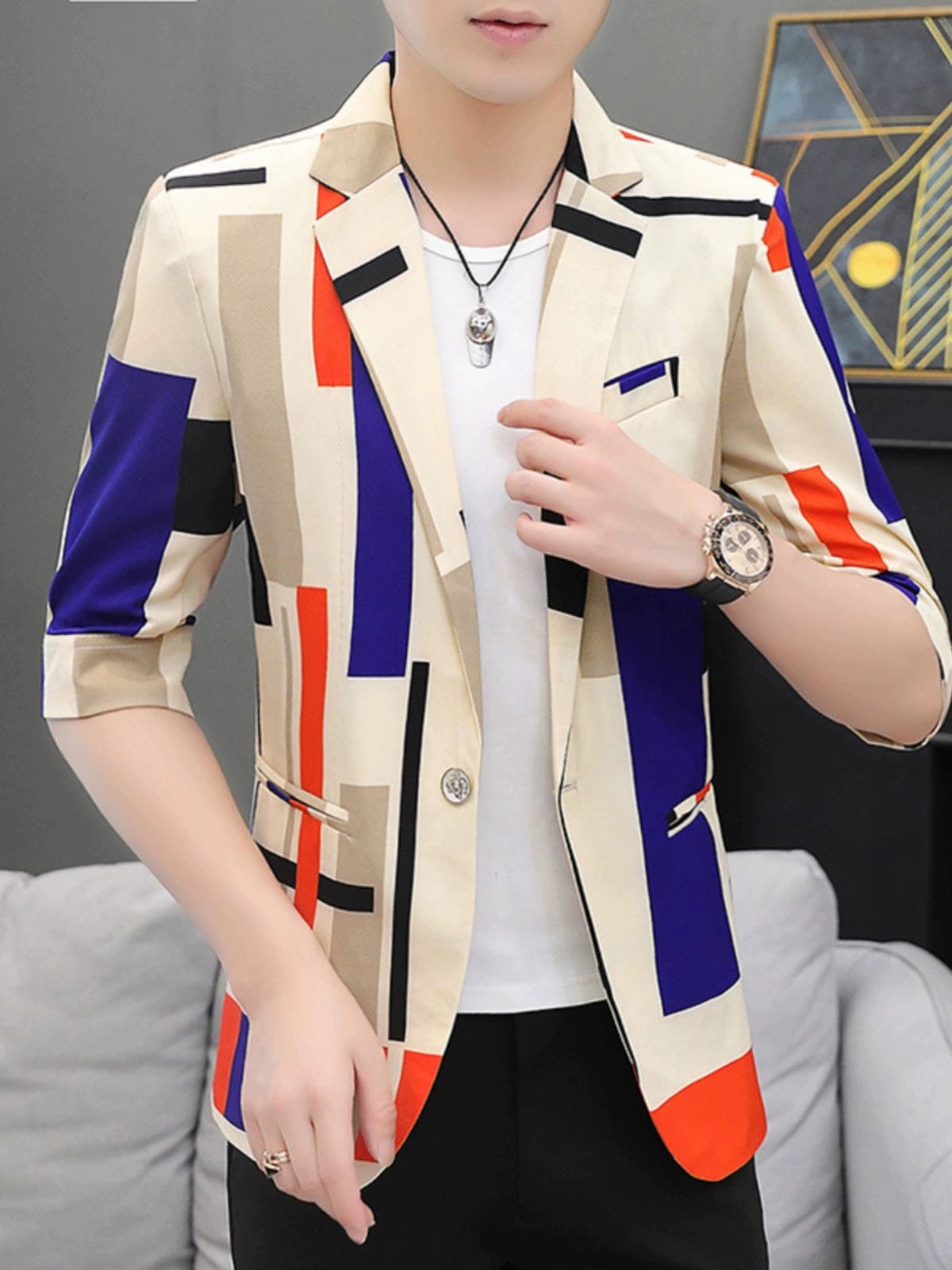 SHOWLU FASHION STORE Summer Silm Half Sleeve Casual Plaid Handsome Suit